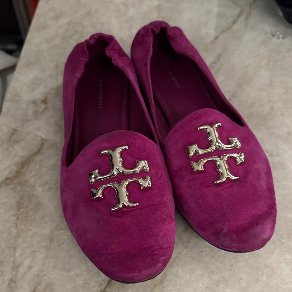 Tory Burch Fuchsia Suede Logo Loafers